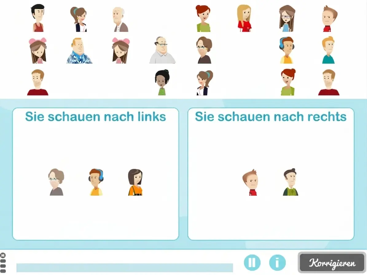 Avatare in einem oberen Raster und zwei unteren Bereichen 'Schauen nach links' und 'Schauen nach rechts' zum Ausfüllen.