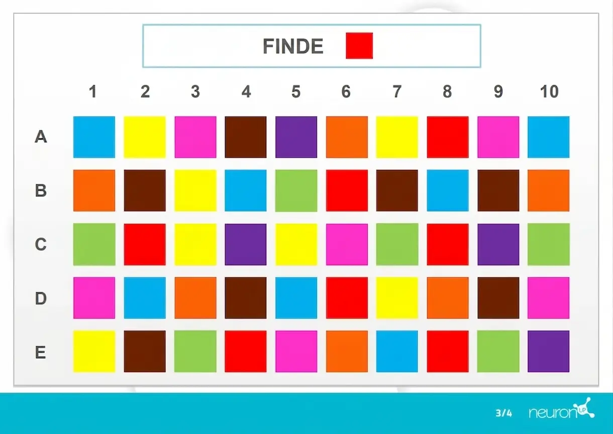 Benutzeroberfläche der Aktivität Farben finden: 5x10-Raster mit 50 Farbfeldern, den Beschriftungen A–E und den Zahlen 1–10 sowie einem roten FINDEN-Feld.