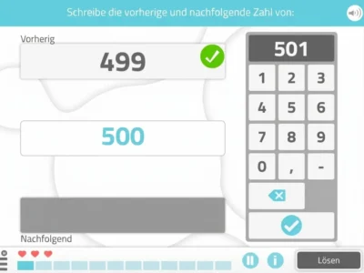 Benutzeroberfläche der Übung Größer und kleiner: Eingabefeld für die vorherige und nächste Zahl; auf der Zahlentastatur werden 499, 500 und 501 angezeigt.