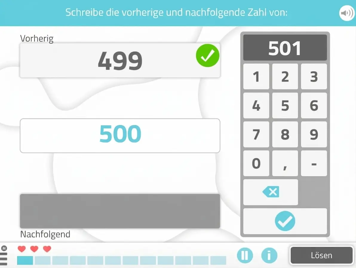 Benutzeroberfläche der Übung Größer und kleiner: Eingabefeld für die vorherige und nächste Zahl; auf der Zahlentastatur werden 499, 500 und 501 angezeigt.
