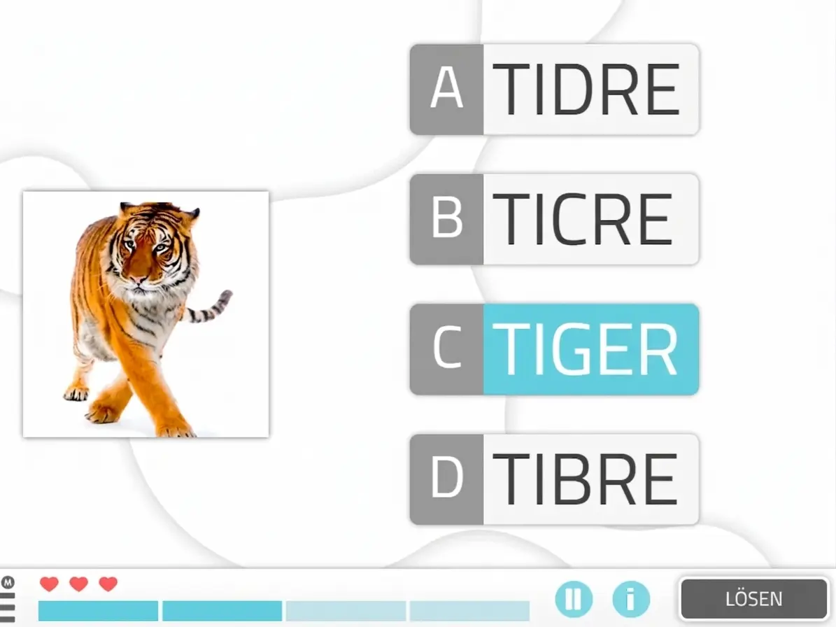 Tiger neben Karten mit den Wörtern A, B, C und D; die Option C ist blau hervorgehoben.