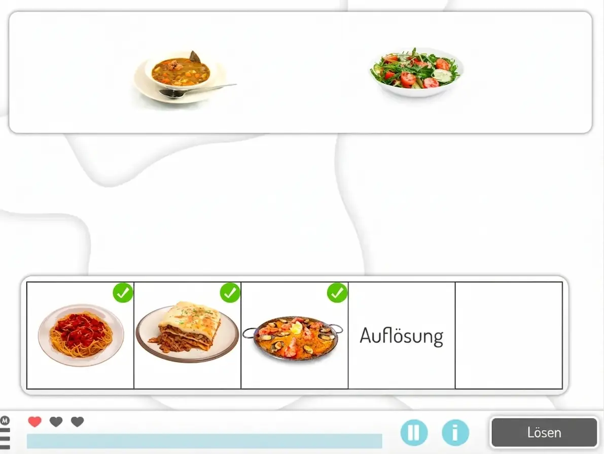 Speisen in zwei Reihen: oben Suppe und Salat, unten Lasagne und Paella, mit einem Symbol neben den richtigen Optionen.