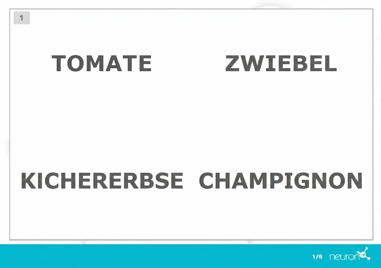 Aktivität Eindringling in NeuronUP: vier Wörter in zwei Spalten (Tomate, Zwiebel, Kichererbse, Champignon) für Gruppensitzungen.