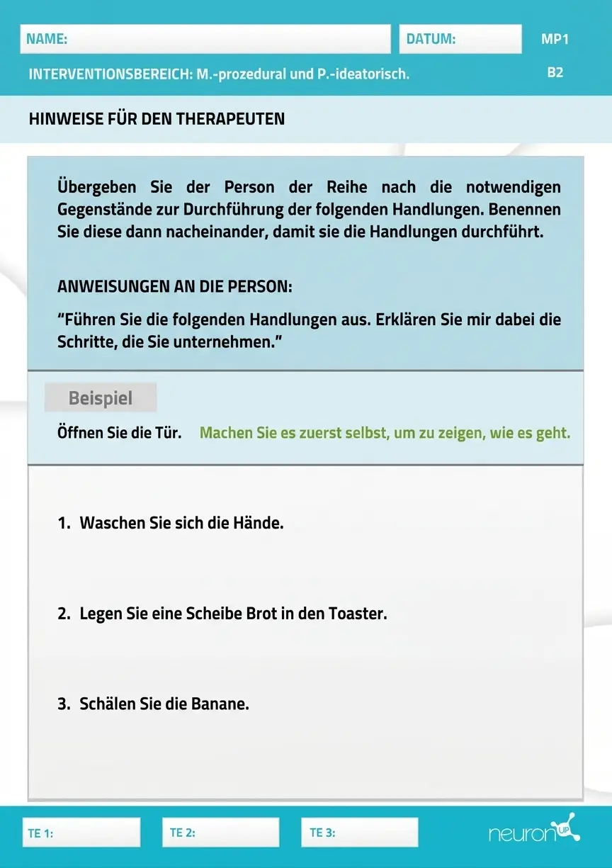 Strukturiertes Dokument mit Anweisungen für Gedächtnisübungen mit älteren Menschen, mit Feldern für Name und Datum sowie Intervention und Handlungsschritten.