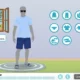 Grauhaariger Mann interagiert in einer NeuronUP-App zum Ankleiden mit Kleidungssymbolen und einer Landschaft im Hintergrund.