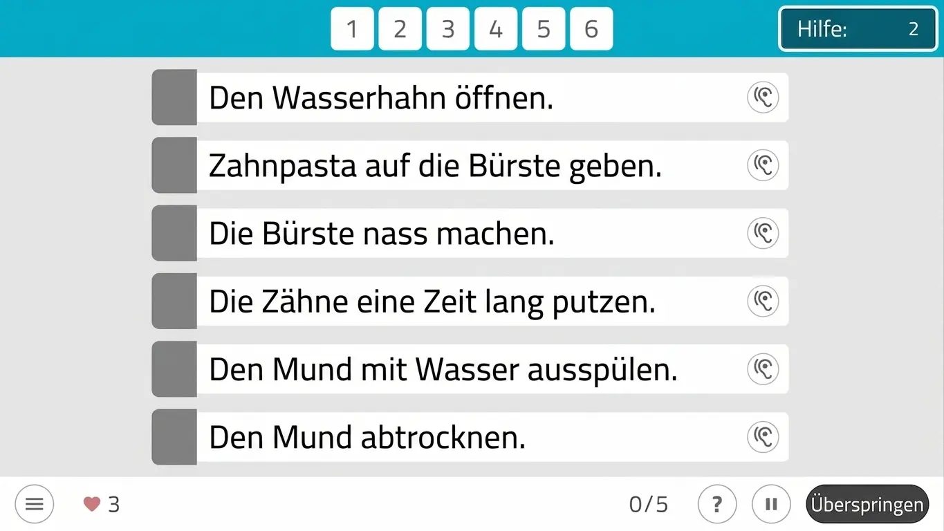 NeuronUP-Oberfläche zum Ordnen der Schritte beim Wäschewaschen: Karten mit Handlungen und Textbereich auf dem Bildschirm.