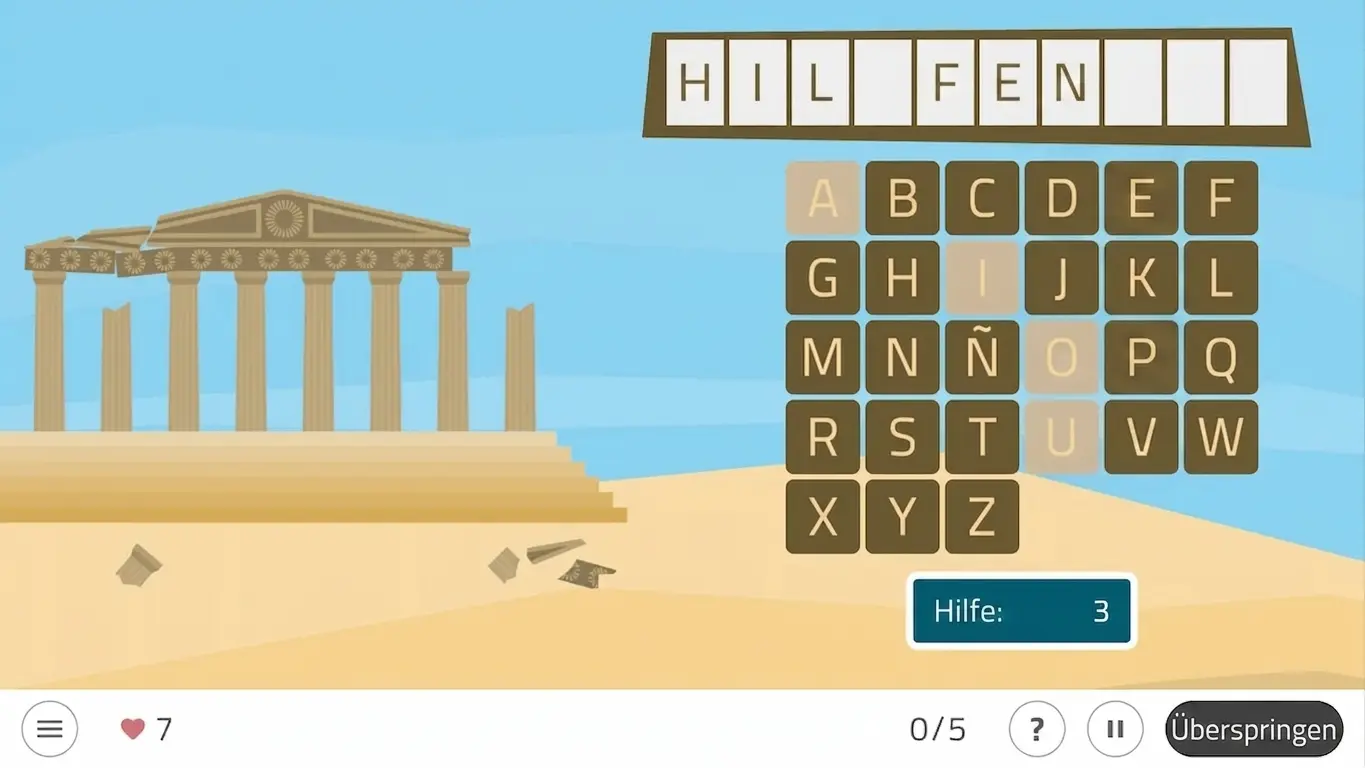 Galgenmännchen-Spiel in NeuronUP mit Buchstaben und Leerstellen, zu erratendem Wort und Figur vor einem alten Gebäude in einer Wüstenlandschaft.