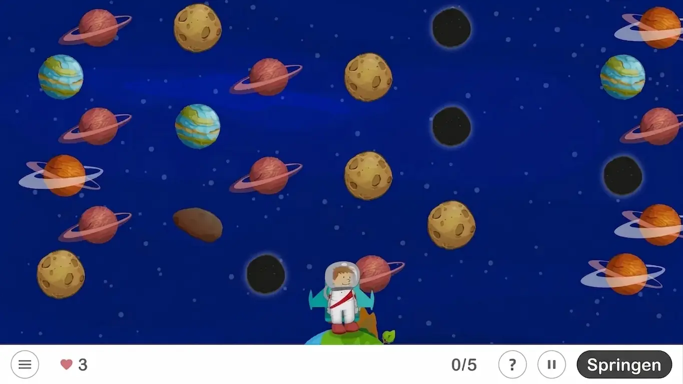 Weltraumhintergrund mit einem Astronauten in der Mitte auf einem grünen Planeten, umgeben von bunten Planeten, Asteroiden und Sternen, mit Elementezähler.