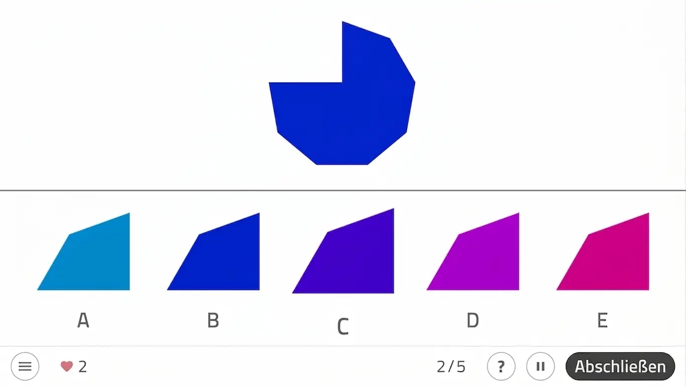 Unregelmäßige blaue Figur oben mit fünf Formen von A bis E in Blau- und Violetttönen darunter, Chromatismus in NeuronUP.