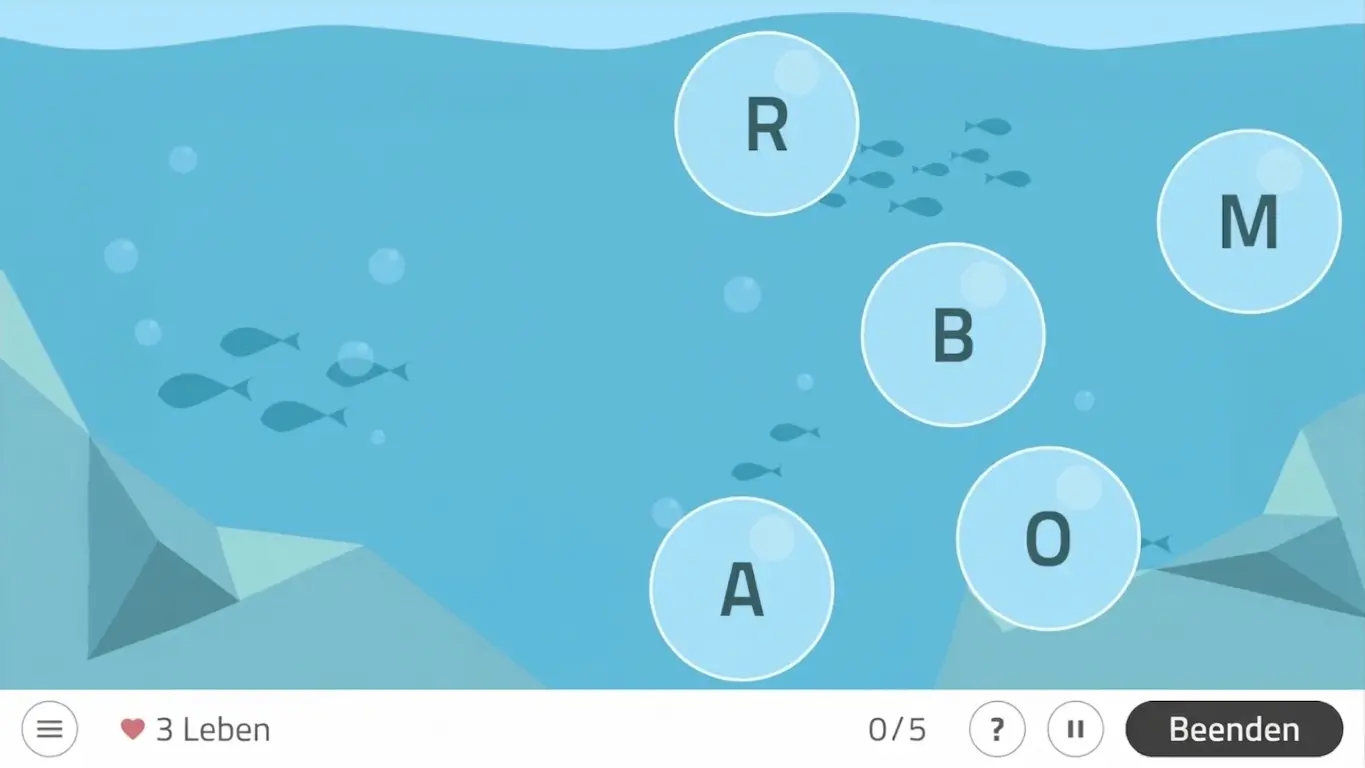 NeuronUP-Oberfläche mit Meeresthema: Blasen mit den Buchstaben R, B, O und M, hellblauer Hintergrund, Fische und eine Schaltfläche zum Beenden.
