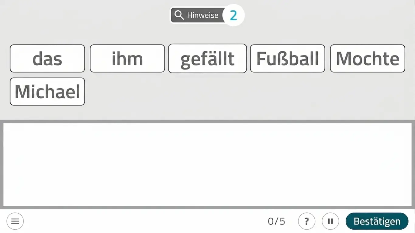 NeuronUP-Oberfläche für eine Sprachaufgabe: sichtbare Wörter ('el','le','a','Miguel') zum Bilden eines Satzes.