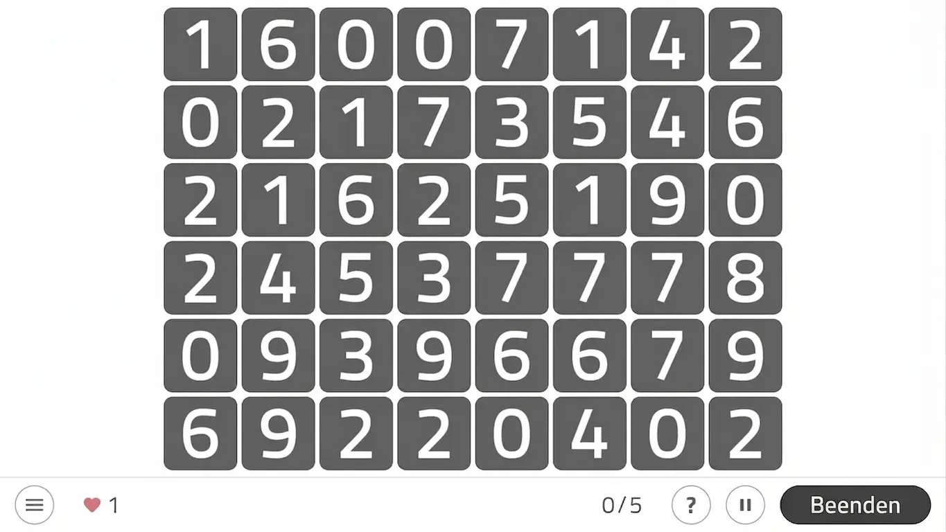 NeuronUP-Oberfläche mit einem 6x6-Raster aus den Zahlen 0–9, Herzsymbol und Zähler sowie einer Schaltfläche zum Beenden in der Ecke.