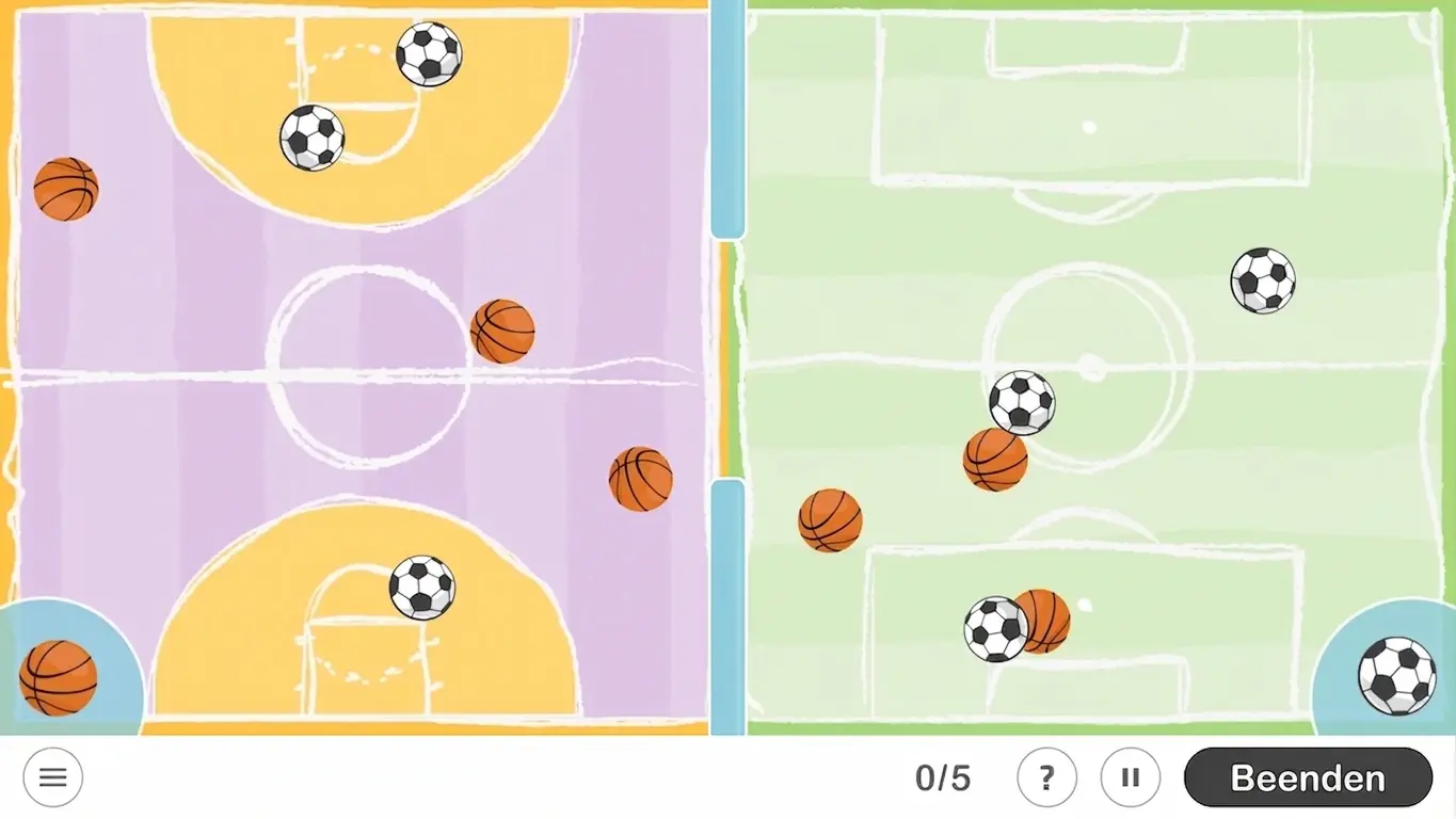 Aufnahme der NeuronUP-Oberfläche mit zwei Spielfeldern für Basketball und Fußball, zu sammelnden Objekten, Zähler und Beenden-Button.