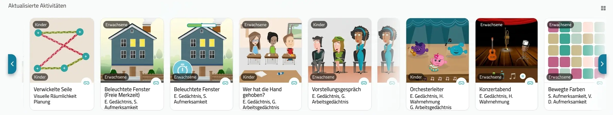NeuronUP-Oberfläche mit Karten aktualisierter Aktivitäten: Punkte, Häuser, Klassenzimmer, Zeichentrickfiguren und eine Szene mit Mikrofon.