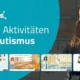NeuronUP-Design: lächelnde Frau neben Bildschirmen mit Aktivitäten zur kognitiven Förderung von Kindern mit Autismus.