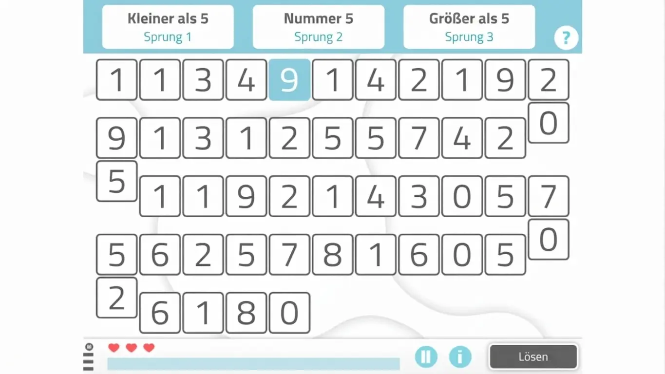Numerisches Raster mit markierten Feldern zur Klassifikation: kleiner als 5, Zahl 5 und größer als 5; mit Schaltflächen zum Lösen und Fortschrittsanzeige.