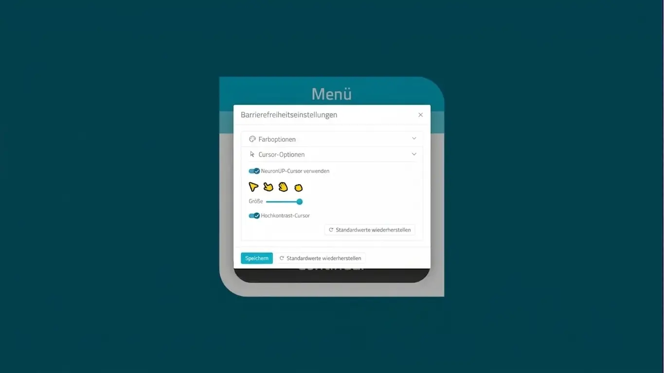 NeuronUP-Oberfläche für Barrierefreiheit: Cursoreinstellung mit Schieberegler und Optionen zur Personalisierung.