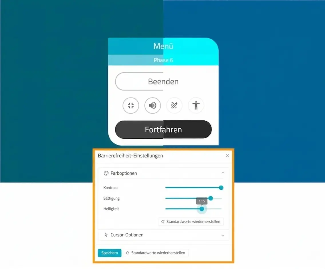 NeuronUP-Oberfläche mit Farbeinstellungen: Farbe, Kontrast, Sättigung und Helligkeit sowie Cursor und die Schaltflächen Speichern und Zurücksetzen.