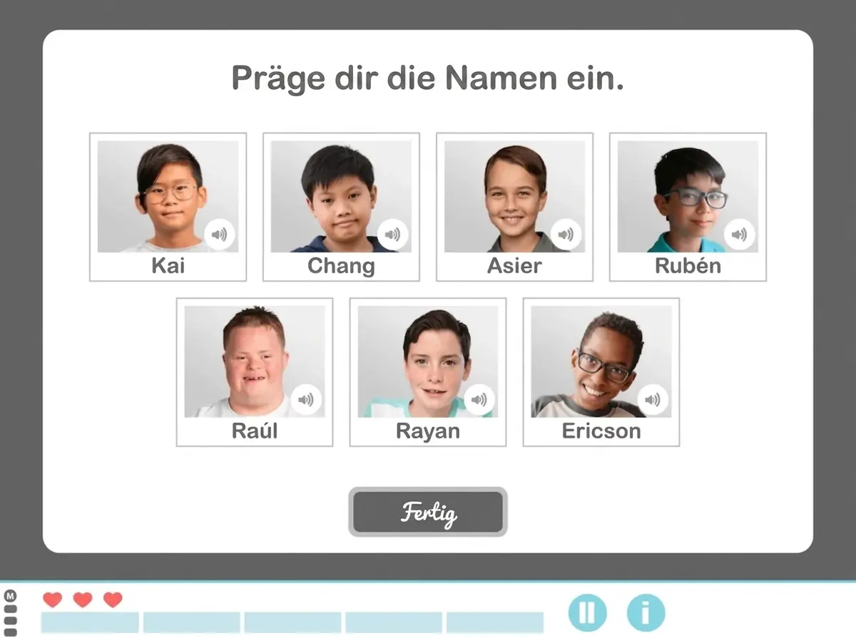Spieloberfläche zum Lernen von Kindernamen: acht Porträts mit darunterstehenden Namen, Startschaltfläche und interaktive Elemente.