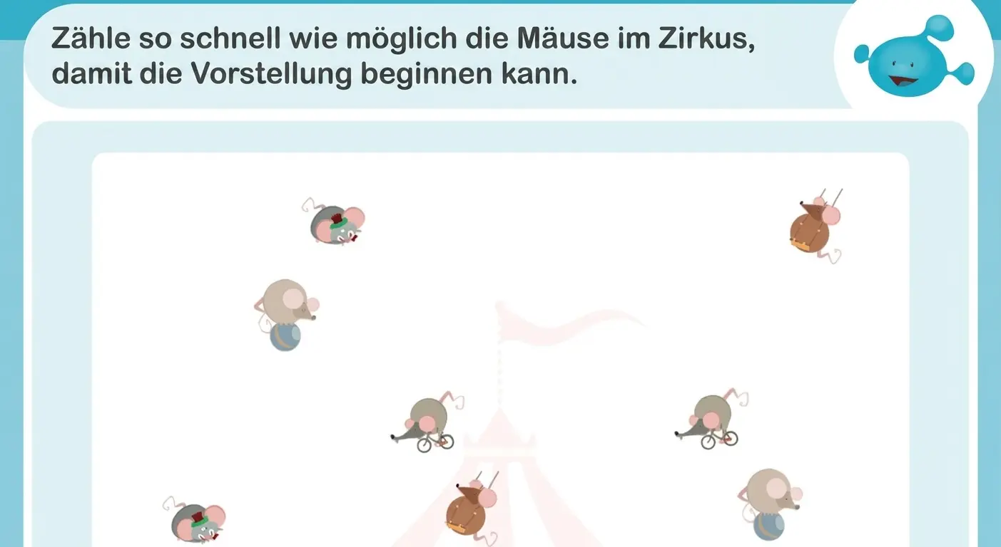 Farbenfroher Zirkus mit Mäusen in verschiedenen Haltungen; einige fahren Fahrrad, andere bewegen sich – ein Bild zur Daueraufmerksamkeit bei Erwachsenen und Kindern.