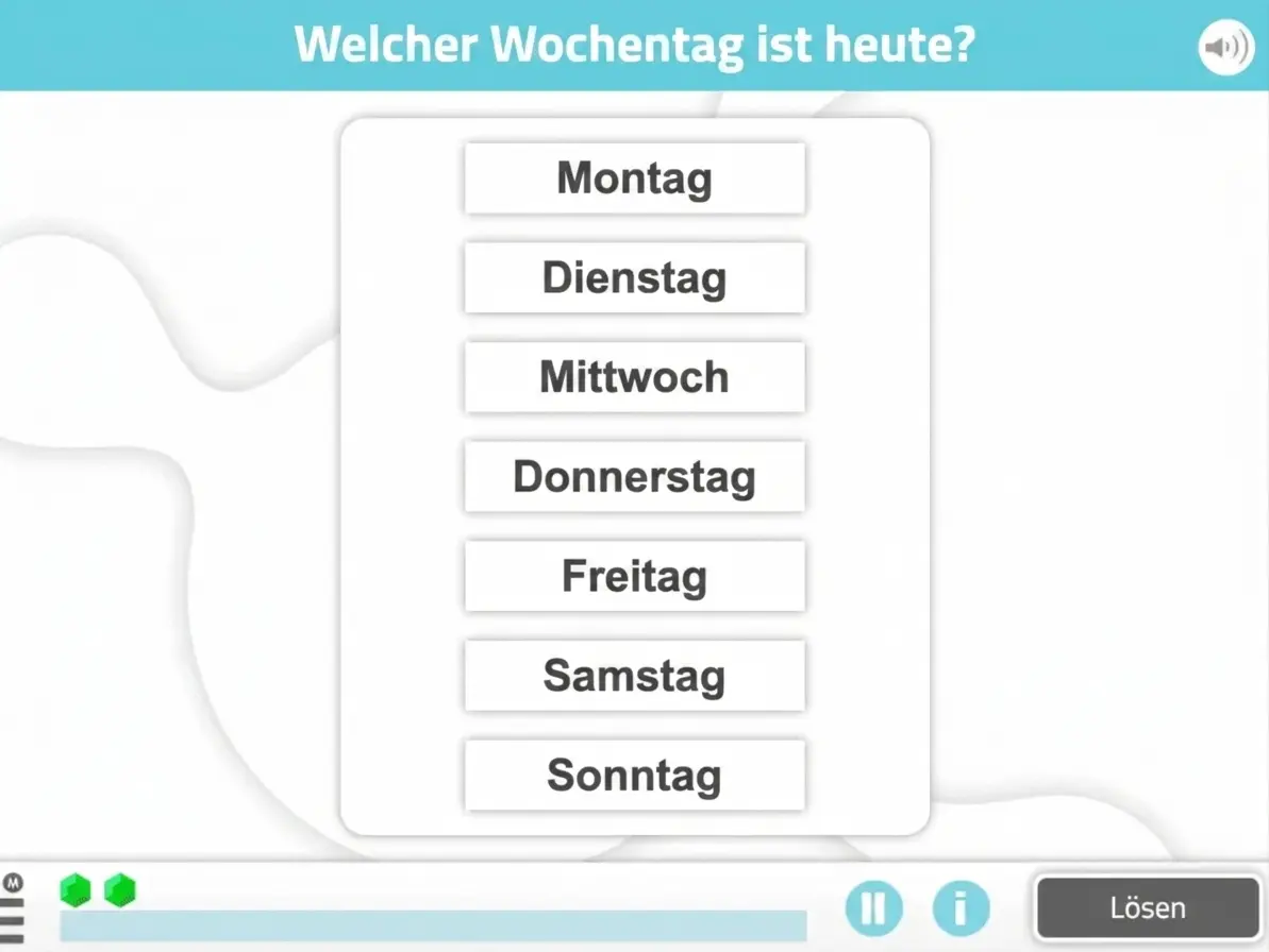 Intervention mit NeuronUP bei älteren Menschen mit leichter kognitiver Beeinträchtigung (LKB) mit der Aktivität "zeitliche Orientierung" Screenshot der NeuronUP-Aktivität zur zeitlichen Orientierung: Liste der Wochentage auf Spanisch und Frage nach dem Tag.