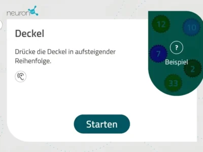 Benutzeroberfläche der NeuronUP-Aktivität Kronkorken im aktualisierten Design: interaktives Spiel, Schaltfläche Starten und Hinweis mit '?' zum Sortieren der Kronkorken.