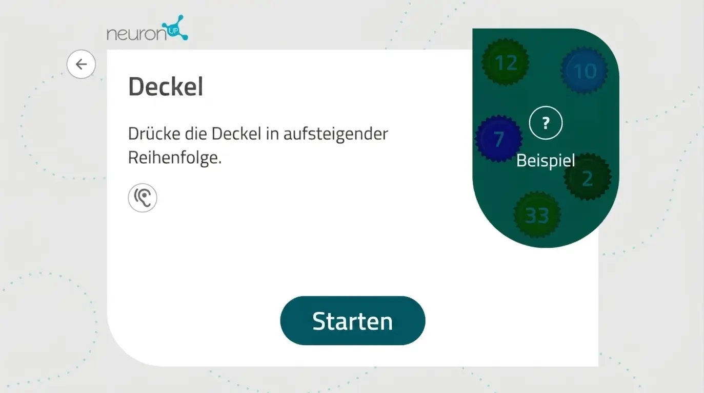 Benutzeroberfläche der NeuronUP-Aktivität Kronkorken im aktualisierten Design: interaktives Spiel, Schaltfläche Starten und Hinweis mit '?' zum Sortieren der Kronkorken.