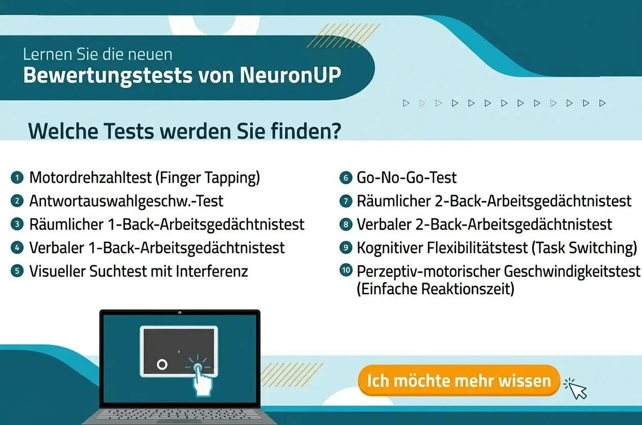 Anzeige für NeuronUP Assessment mit Diagnostikbatterien: motorische Geschwindigkeit, verbales und räumliches Arbeitsgedächtnis, visuelle Suche, Go-No Go und kognitive Flexibilität sowie der Schaltfläche 'Mehr erfahren'.