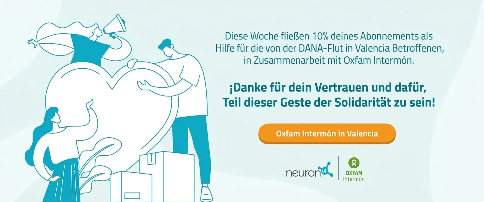 Informationshinweis zur Spende von 10 % der Abonnements für die DANA in Valencia mit den Logos von NeuronUP und Oxfam Intermón.