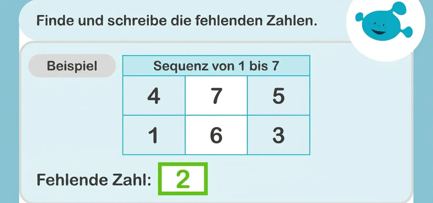 Darstellung von NeuronUP mit zwei Tabellen mit Zahlenfolgen; die fehlende Zahl (2) wird identifiziert und ein Symbol ist zu sehen.