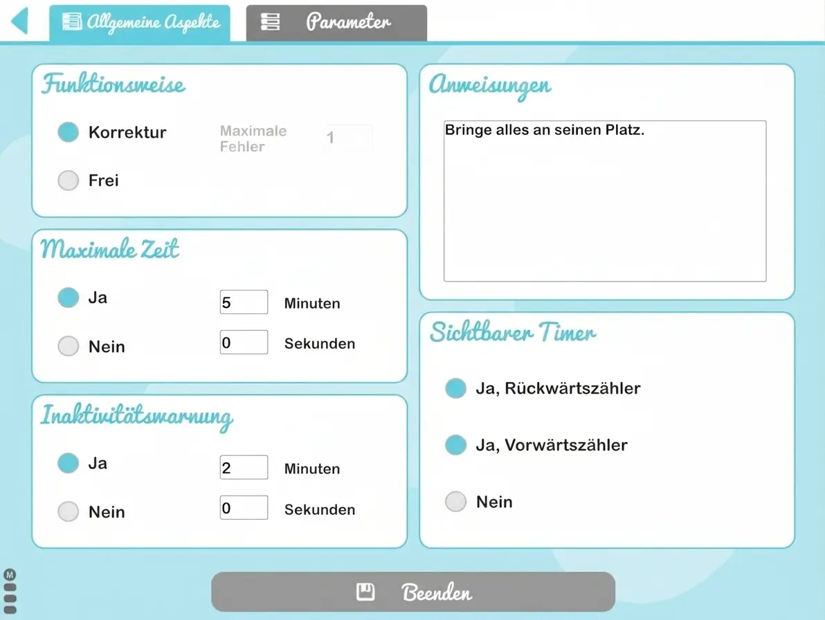 Konfigurationsoberfläche einer Aktivität mit sichtbaren Optionen für Korrektur, Zeit, Hinweise und Stoppuhr.