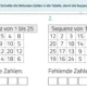 Arbeitsblatt zur Daueraufmerksamkeit: zwei Tabellen mit Zahlenfolgen von 1 bis 25 und fehlenden Zahlen zum Ergänzen.