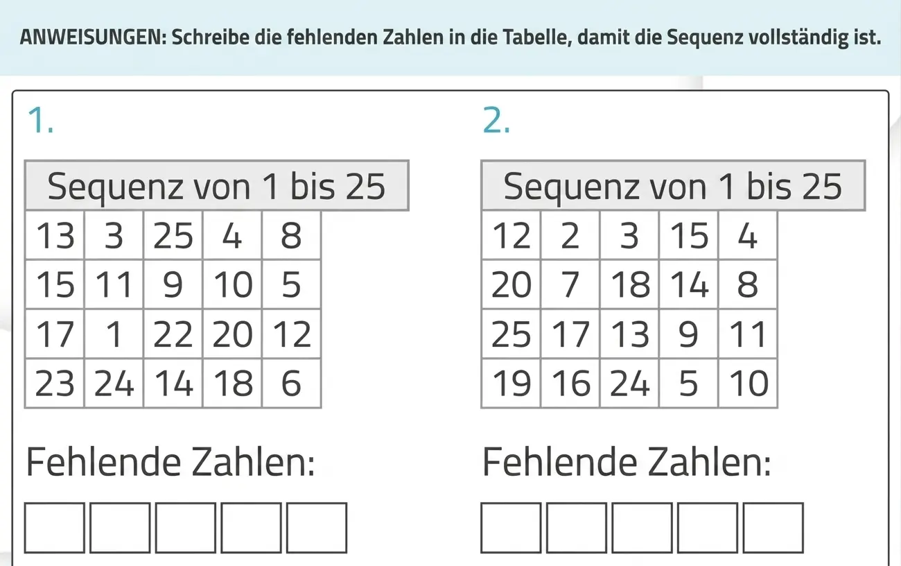 Arbeitsblatt zur Daueraufmerksamkeit: zwei Tabellen mit Zahlenfolgen von 1 bis 25 und fehlenden Zahlen zum Ergänzen.