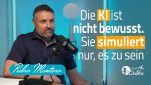 Mann vor einem Studiomikrofon mit blauem Licht; Text über KI ohne Bewusstsein und Nennung von Pedro Montoro.