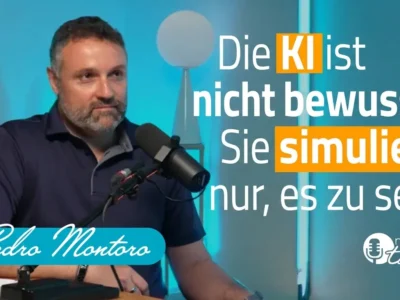 Mann vor einem Studiomikrofon mit blauem Licht; Text über KI ohne Bewusstsein und Nennung von Pedro Montoro.