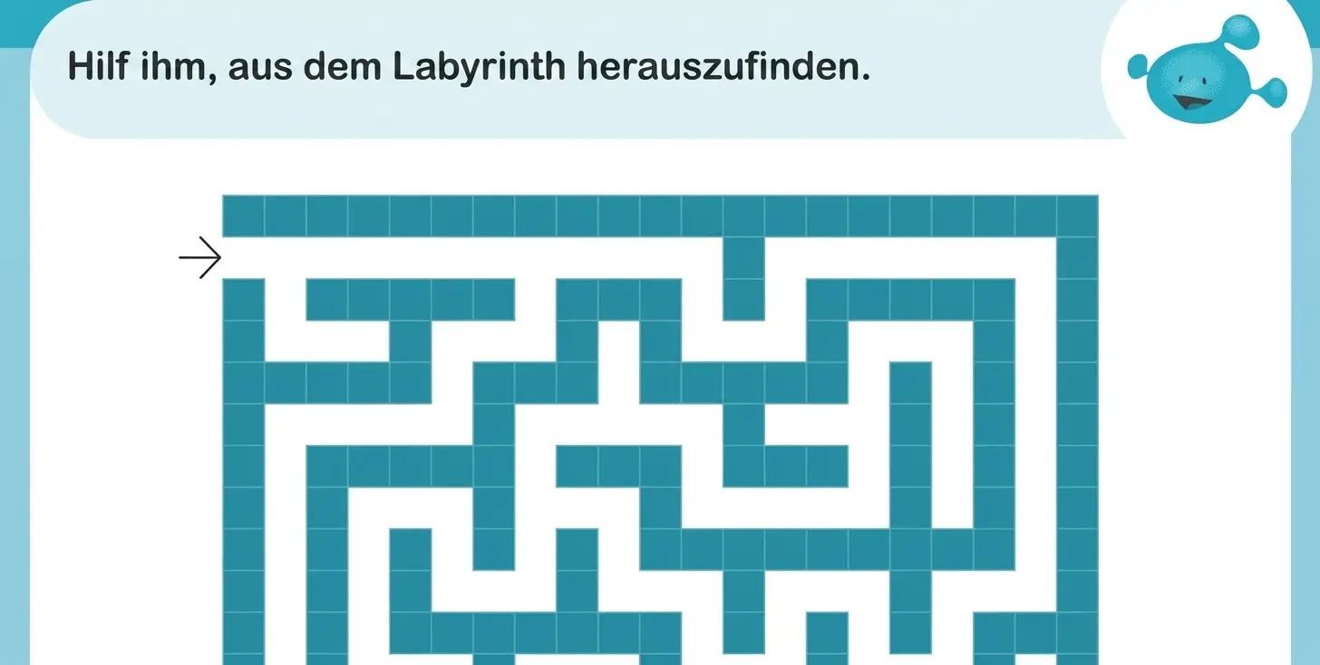 Labyrinth von NeuronUP mit blauen Blöcken auf hellem Hintergrund; Start links und Weg zur Mitte für die Förderung der Daueraufmerksamkeit.