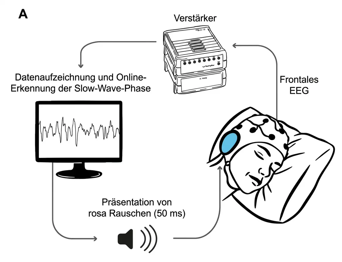 Schema der mit den langsamen Schlafwellen synchronisierten auditiven Stimulation.
