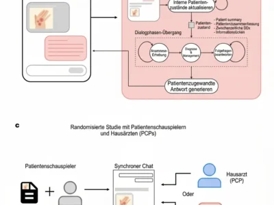 Vereinfachte Darstellung des multimodalen AMIE-Systems und des experimentellen Designs zum Vergleich mit Ärzten der Primärversorgung in simulierten telemedizinischen Konsultationen.