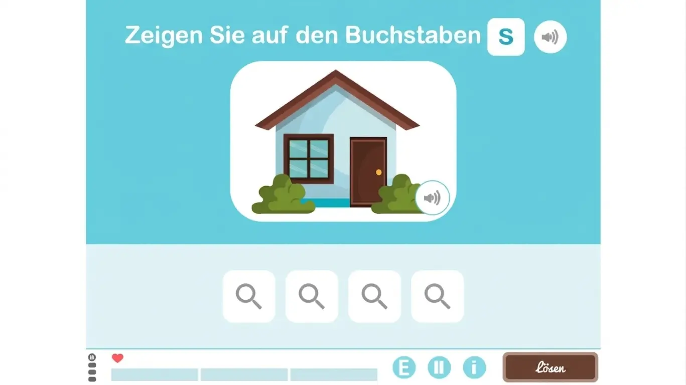 NeuronUP-Lernoberfläche zur Buchstabendiskrimination bei Kindern: Anweisung „Markiere den Buchstaben S“ und Werkzeuge zum Lesen oder Anhören.