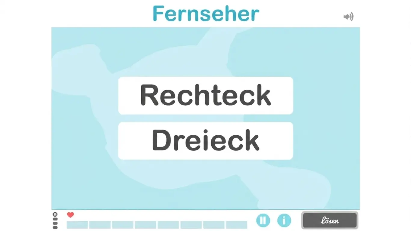 NeNeuronUP-Lernoberfläche zum semantischen Gedächtnis: „Fernseher“ oben sowie „Rechteck“ und „Dreieck“ mit Steuerelementen.