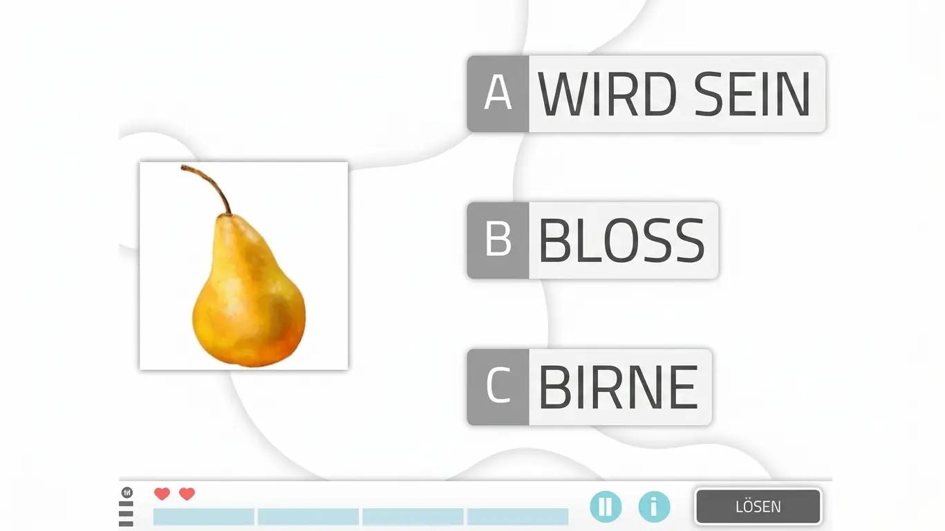 Lehrreiches Arbeitsblatt zur Diskrimination: gelbe Birne in der Mitte und die Optionen A/SERA, B/MERA und C/PERA mit Audioplayer.