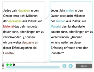 Zwei Absätze auf einem Arbeitsblatt vergleichen Texte über die Problematik von Plastik im Meer und heben Unterschiede hervor.