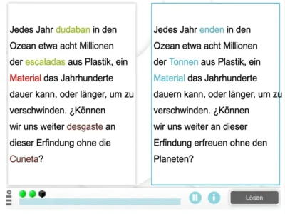 Zwei Absätze auf einem Arbeitsblatt vergleichen Texte über die Problematik von Plastik im Meer und heben Unterschiede hervor.