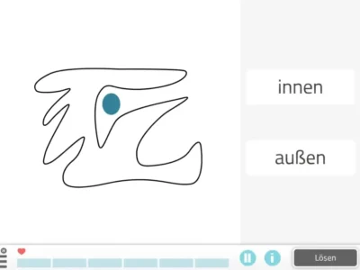 Abstrakte fließende Kontur mit einem blauen Punkt im Inneren; rechts die Wörter „drinnen“ und „draußen“ sowie unten ein Audioplayer.