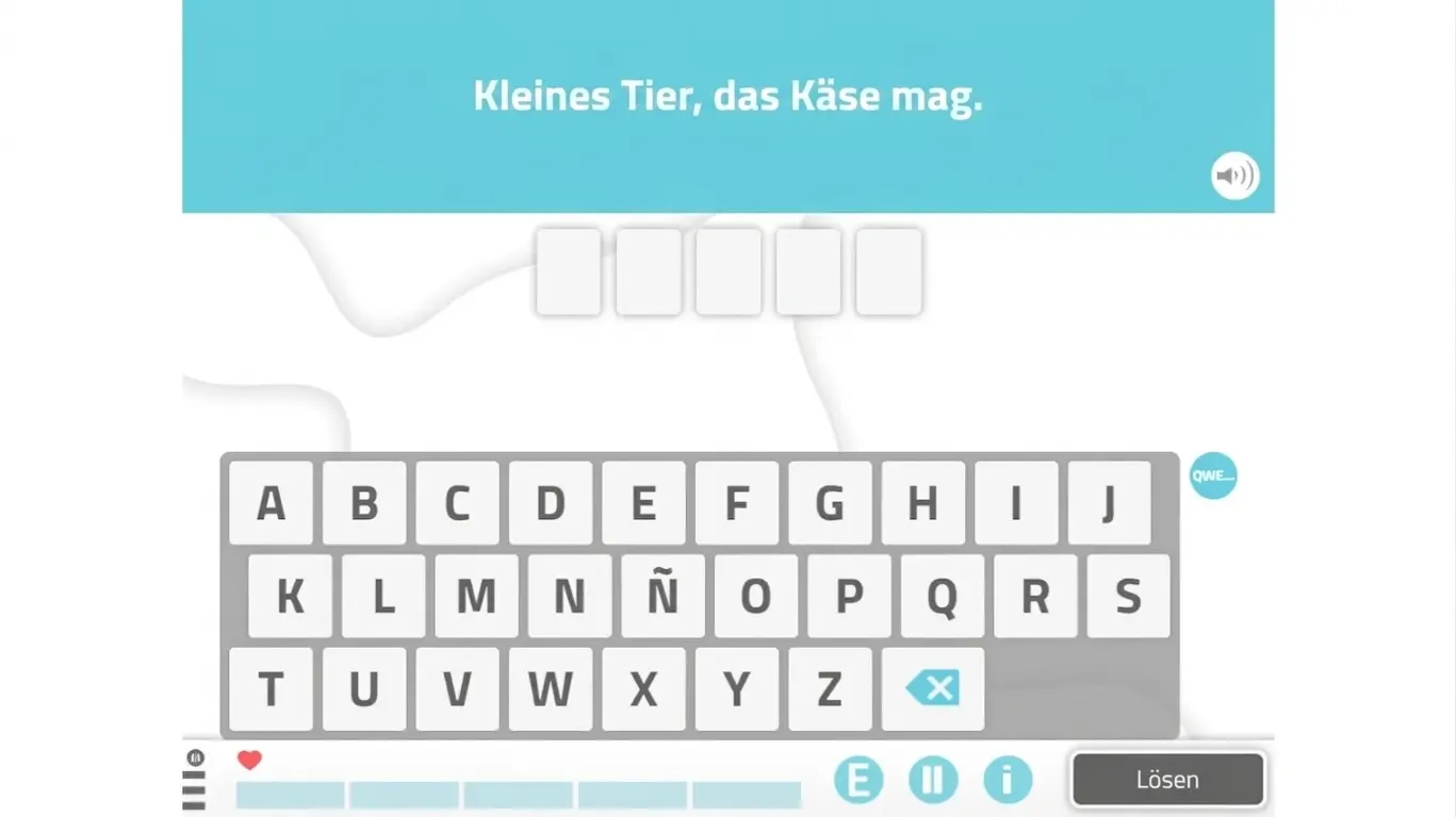 Wortspiel-Oberfläche für den Wortschatz von Erwachsenen: Buchstaben oben, Tastatur unten und die Lösung RATÓN.