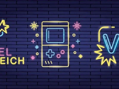 Neonfarbenes Pac-Man-Design in einem dunklen Labyrinth aus Ziegelsteinen mit PLAY ZONE und Spielkonsole, das auf kognitive Funktionen hinweist.