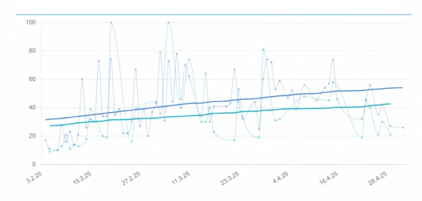 Liniendiagramm mit drei Reihen zur Entwicklung der allgemeinen Leistung und des Gedächtnisses bei einem Fall typischer Alzheimer-Krankheit im Zeitverlauf.