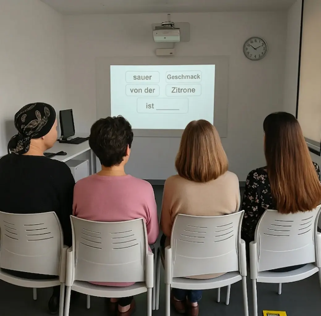Vier Nutzerinnen im Tageszentrum betrachten eine Projektion und verwenden während einer Sitzung NeuronUP auf Tablets.