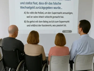 Gruppe von vier Nutzern im Tageszentrum sitzt mit dem Rücken zur Kamera vor einer Folie; offenbar eine Gruppensitzung.