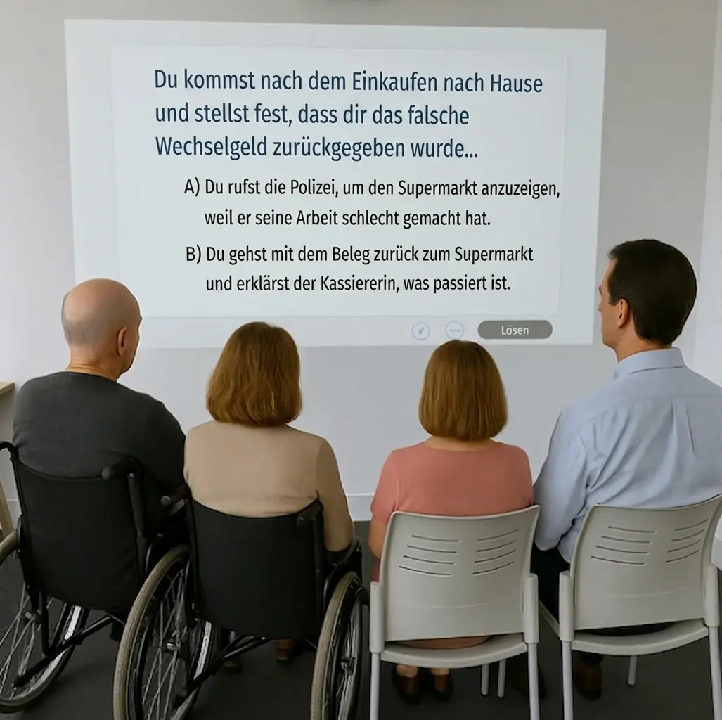 Gruppe von vier Nutzern im Tageszentrum sitzt mit dem Rücken zur Kamera vor einer Folie; offenbar eine Gruppensitzung.
